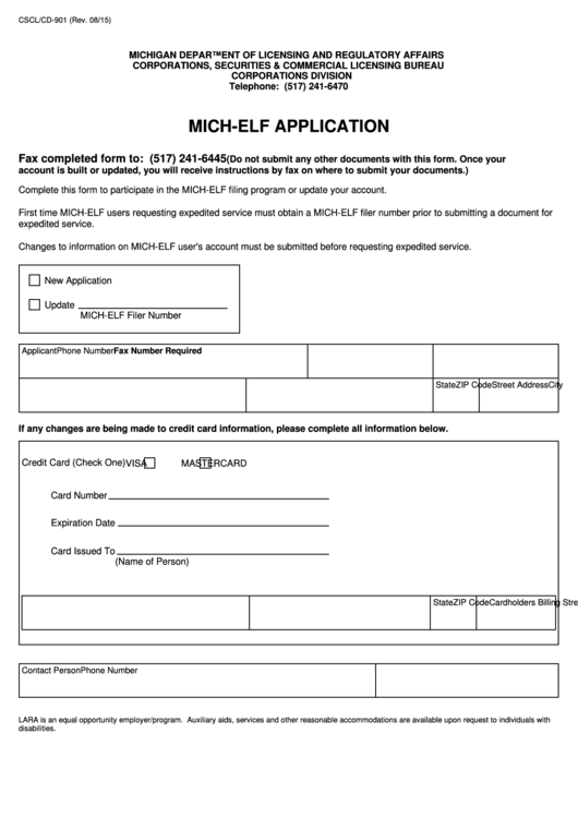 Fillable Mich Elf Application Template - State Of Michigan Printable pdf