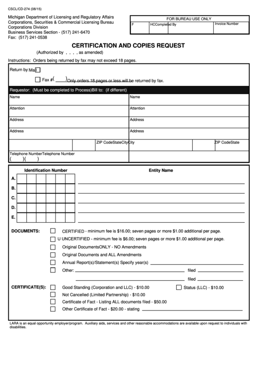 Fillable Certification And Copies Request - State Of Michigan Printable pdf