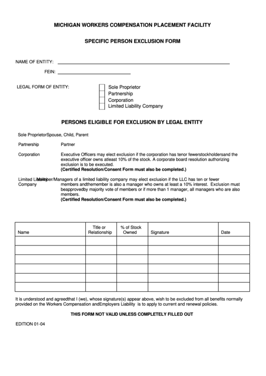 Specific Person Exclusion Form Printable pdf