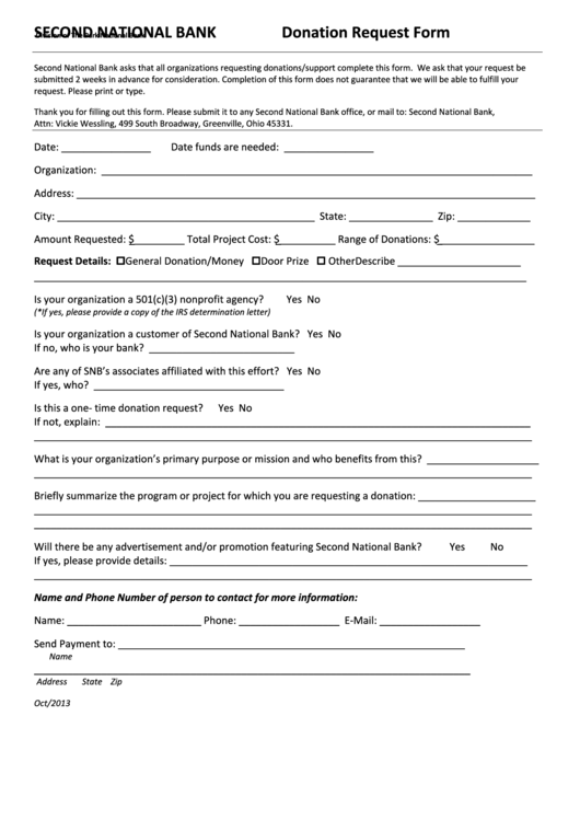 Second National Bank Donation Request Form Printable pdf