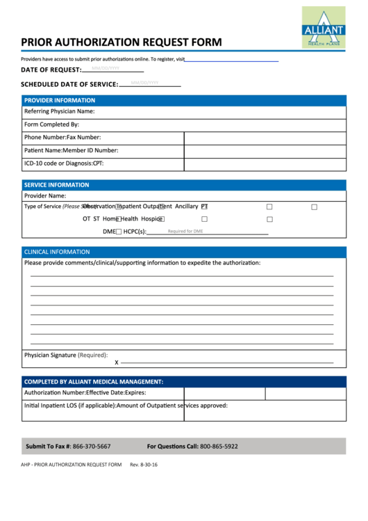 Prior Authorization Request Form - Alliant Health Plans Printable pdf