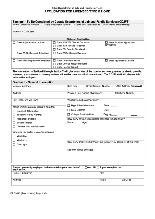 Application For Licensed Type B Home - Licking County Job And Family Printable pdf