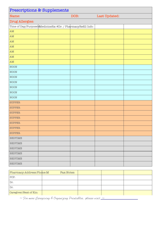 Medical Prescriptions & Supplements Schedule Template Printable pdf