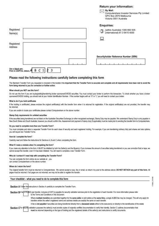Standard Transfer Form - Computershare Investor Services Pty Limited Printable pdf