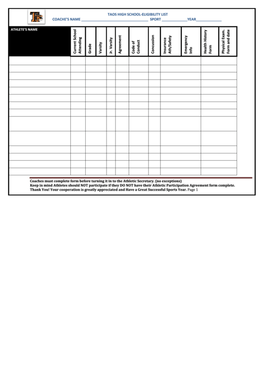 Eligibility List For Sports Team Printable pdf