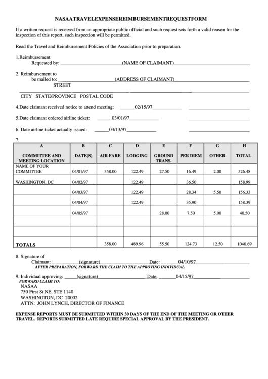 Nasaa Travel Expense Reimbursement Request Form Printable pdf