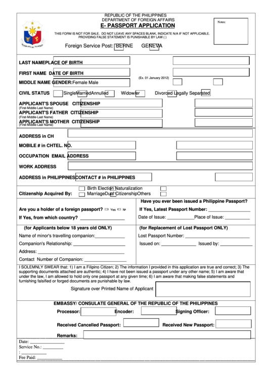 E-Passport Application Form - Philippine Embassy Printable pdf