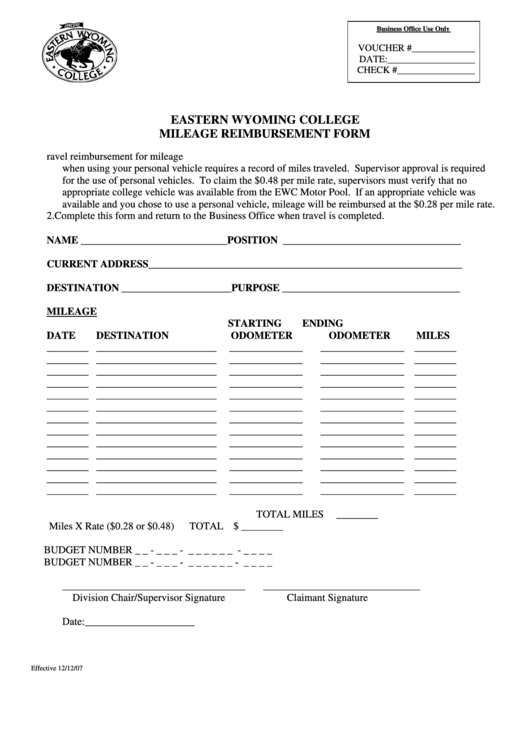 Mileage Reimbursement Form Printable pdf