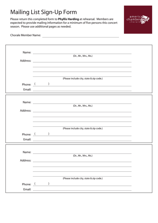 Mailing List Sign Up Form Printable pdf