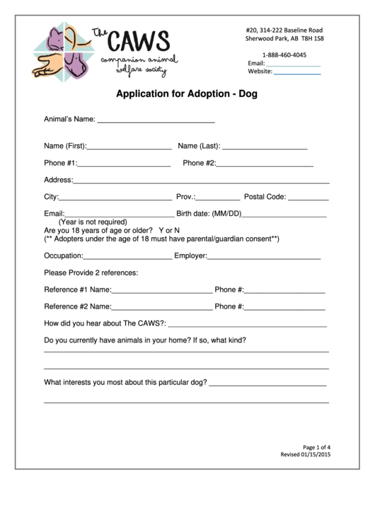 Application For Adoption - Dog - The Caws Printable pdf