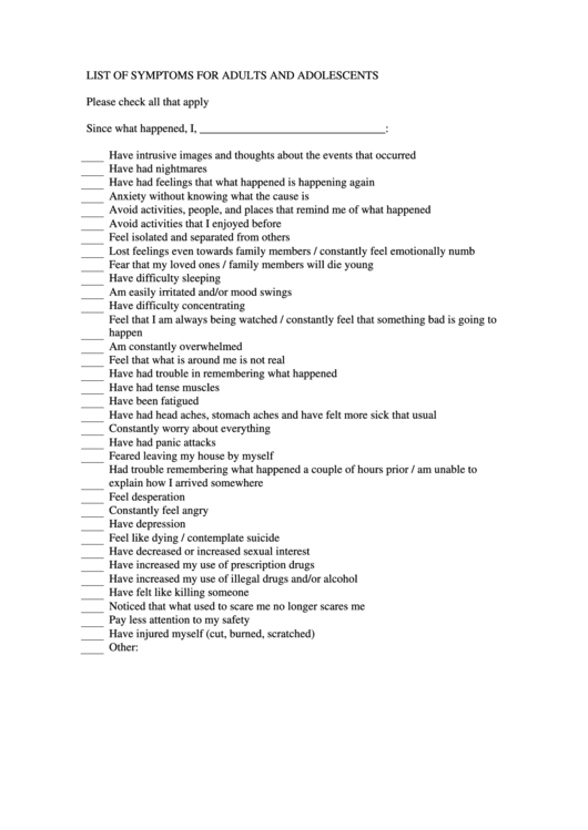 List Of Symptoms For Adults And Adolescents - Clsepa Printable pdf