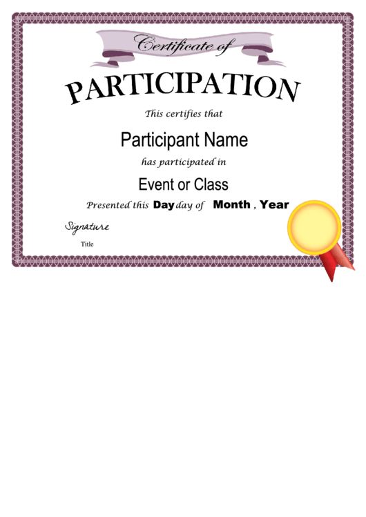 Fillable Certificate Of Participation Template Printable pdf