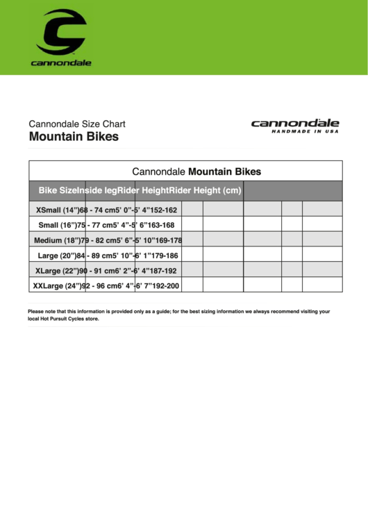 Cannondale Mountain Bikes Size Chart Printable pdf