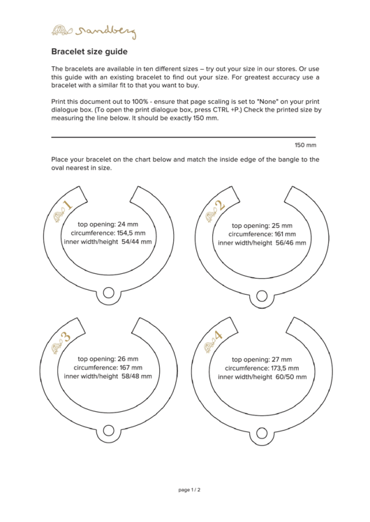 Sandberg Sweden Bracelet Size Guide Printable pdf