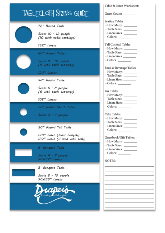 Drapers Catering Tablecloth Sizing Guide Printable pdf