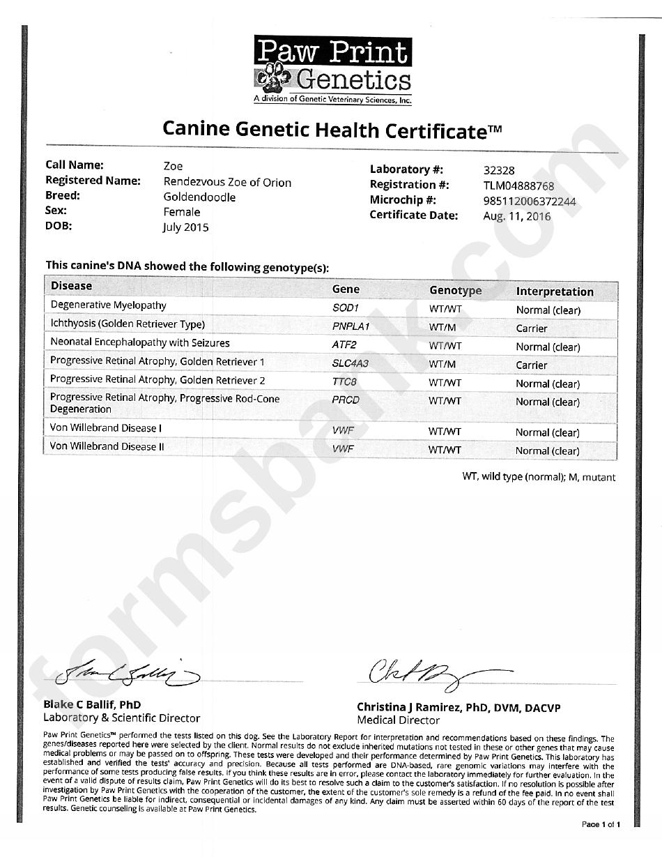 Canine Genetic Health Certificate