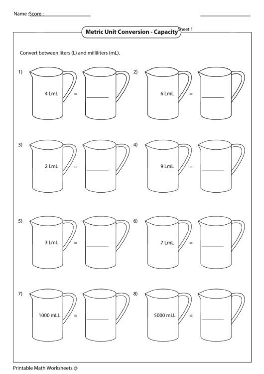 Metric Unit Conversion - Capacity Worksheet Printable pdf