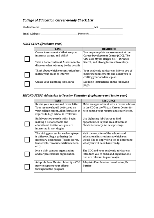 College Of Education Career-Ready Checklist Printable pdf