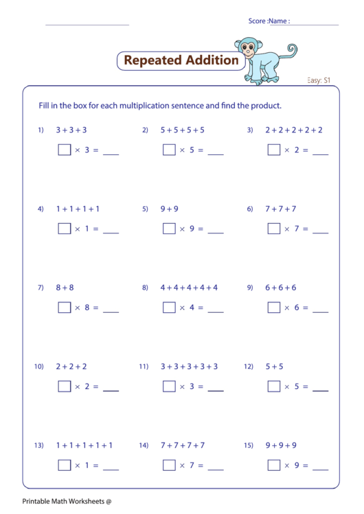Repeated Addition Worksheet Printable pdf