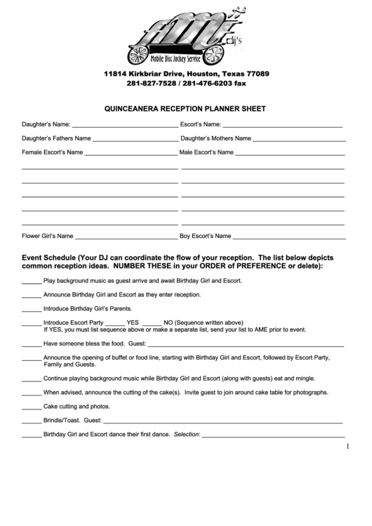 1 Quinceanera Reception Planner Sheet Event Schedule Printable pdf