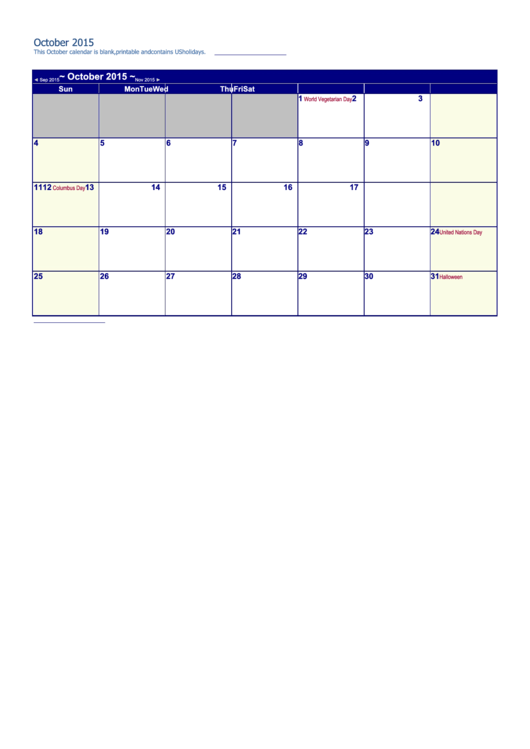 October 2015 Calendar Template