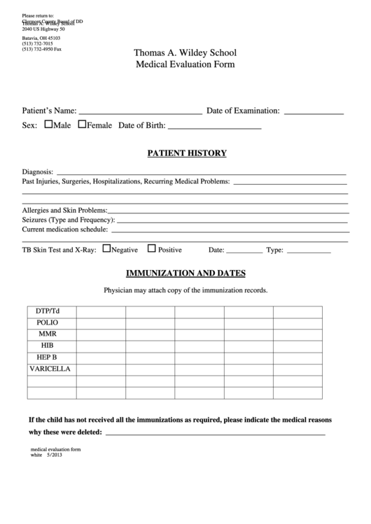 Thomas A. Wildey School Medical Evaluation Form Printable pdf