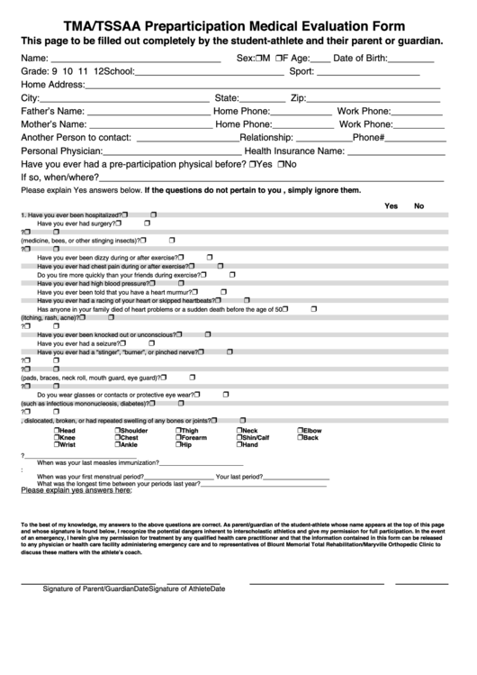 Tma/tssaa Preparticipation Medical Evaluation Form Printable pdf