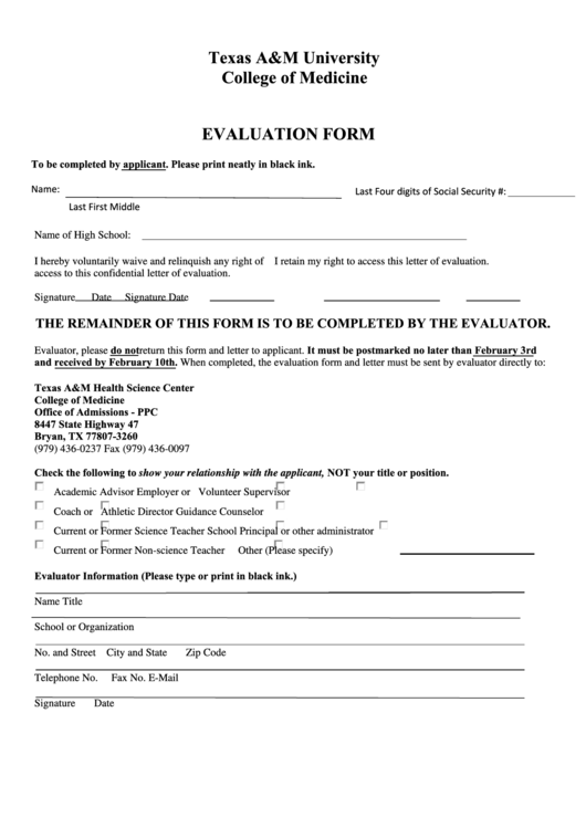 Texas A&m University College Of Medicine Evaluation Form Printable pdf