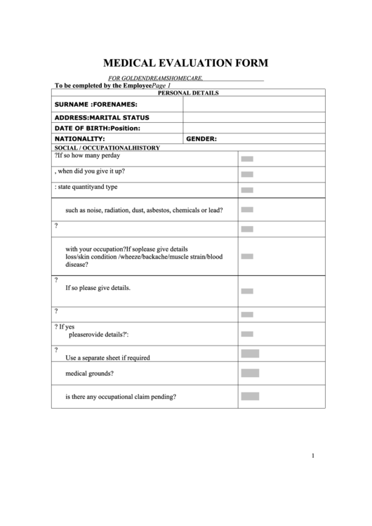 Medical Evaluation Form - Golden Dreams Home Care Llc Printable pdf