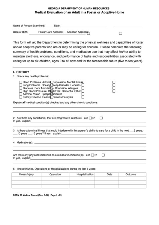 Georgia Department Of Human Resources Medical Evaluation Of An Adult In A Foster Or Adoptive Home Printable pdf
