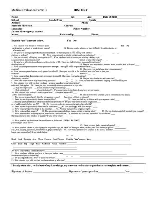 Medical Evaluation Form: B History - Minot State University Printable pdf