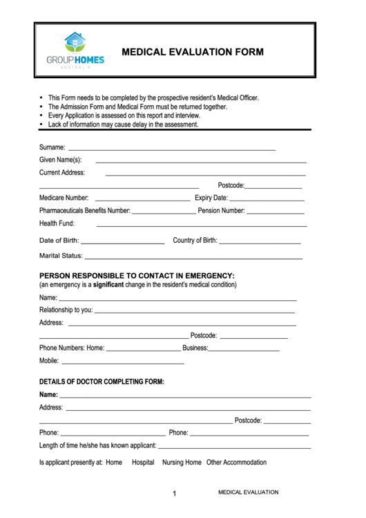 Medical Evaluation Form - Group Homes Printable pdf