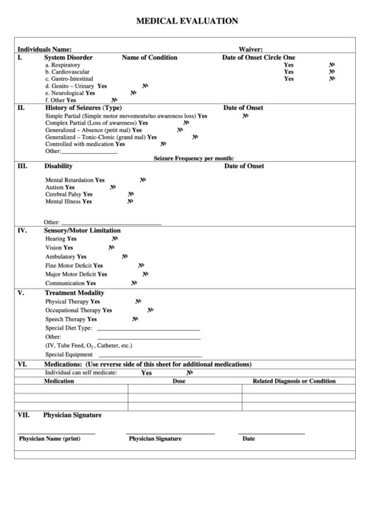 Medical Evaluation Form Printable pdf