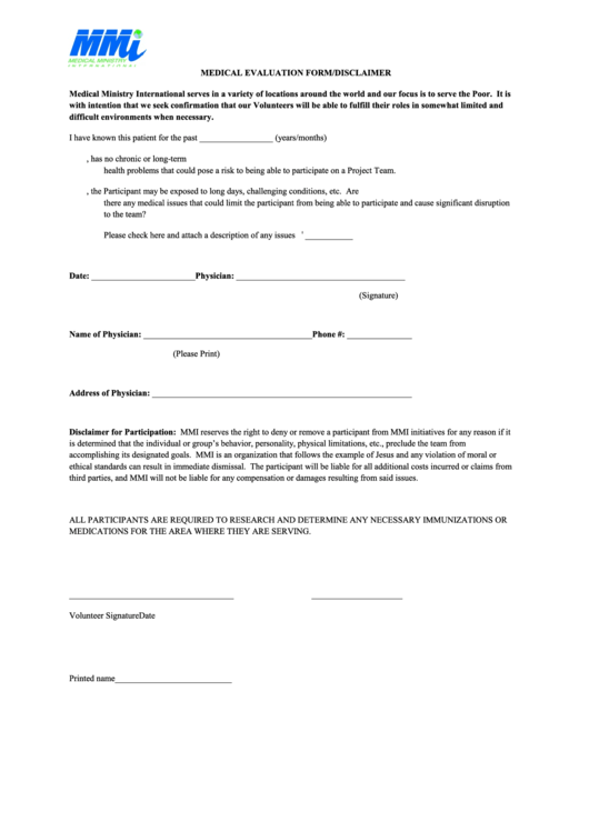 Medical Evaluation Form Printable pdf