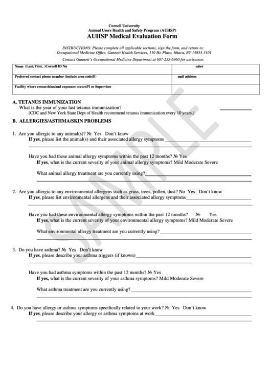 Auhsp Medical Evaluation Form - Cornell University Printable pdf