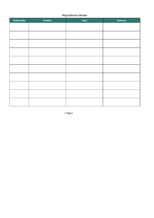 Blog Editorial Calendar Template Printable pdf