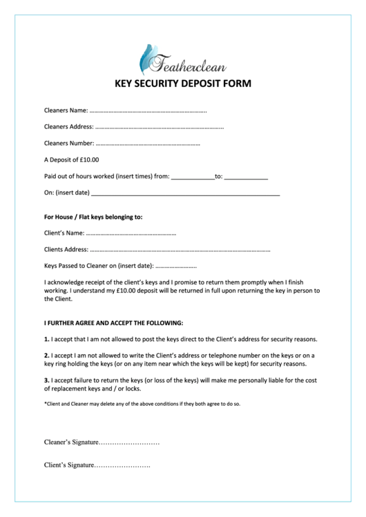 Key Security Deposit Form Printable pdf