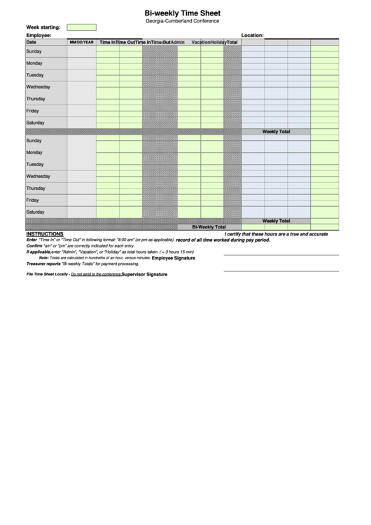 Bi-Weekly Time Sheet Printable pdf