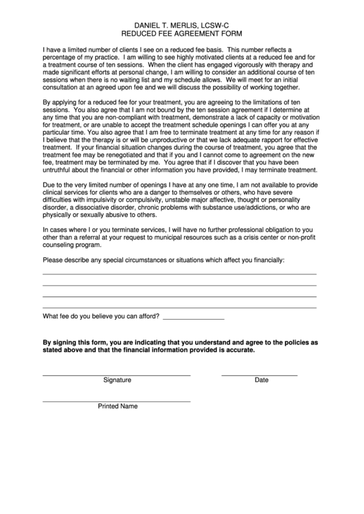 Reduced Fee Agreement Form Printable pdf