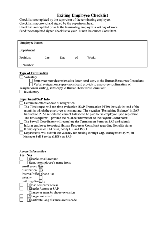 Fillable Exiting Employee Checklist Printable pdf