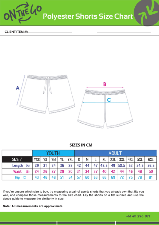 On The Go Polyester Shorts Size Chart Printable pdf