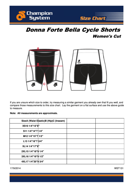 Champion System Donna Forte Bella Women's Cut Cycle Shorts Size Chart