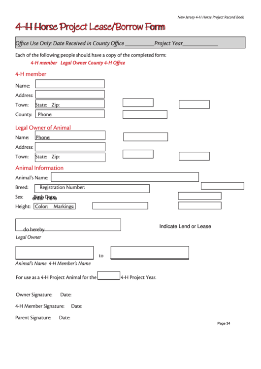 Fillable 4-H Horse Project Lease/borrow Form Printable pdf