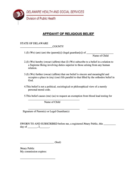 Affidavit Of Religious Belief Printable pdf