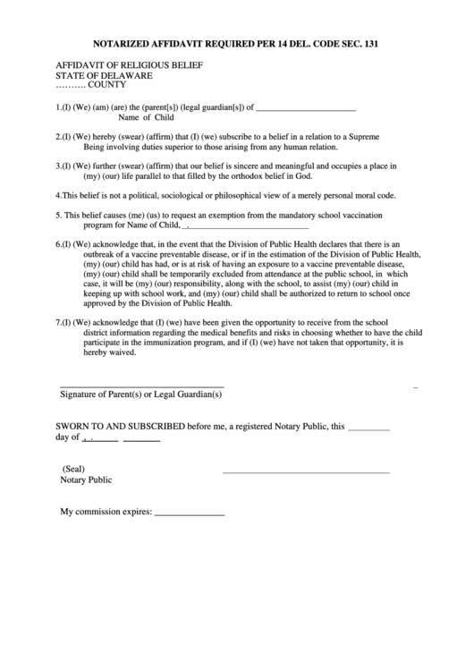 Notarized Affidavit Required Per 14 Del. Code Sec. 131 Printable pdf