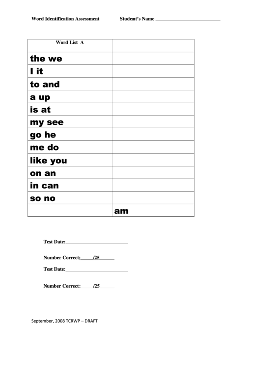 Word Identification Assessment Printable pdf
