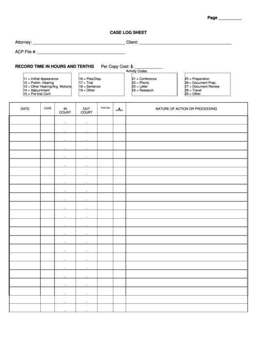 Case Log Sheet Printable pdf
