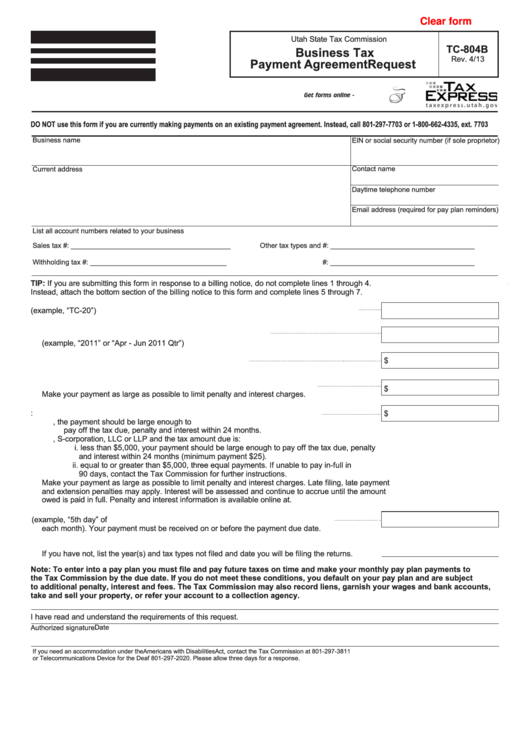 Form Tc-804b - Business Tax Payment Agreement Request Printable pdf