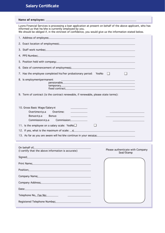 Fillable Salary Certificate Printable pdf