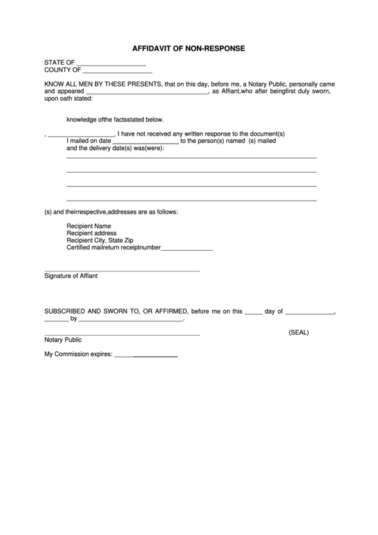 Affidavit Of Non-Response Form Printable pdf